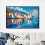 Yağlı Boya Dokulu Tablo Kıyıda Yelkenliler Siyah Çerçeveli 50 x 70 cm U06017