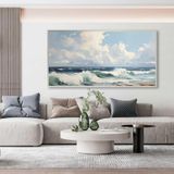 Yağlı Boya Dokulu Tablo Kıyıya Vuran Dalgalar Gümüş Çerçeveli 60 x 120 cm U06051