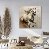 Yağlı Boya Dokulu Tablo Koşan Beyaz At Altın Çerçeveli 80 x 80 cm U04017
