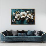 Yağlı Boya Dokulu Tablo Koyu Fonda Beyaz Altın Çiçekler Altın Çerçeveli 100 x 150 cm U02060