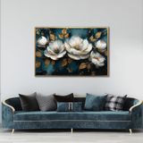 Yağlı Boya Dokulu Tablo Koyu Fonda Beyaz Altın Çiçekler Altın Çerçeveli 70 x 100 cm U02059