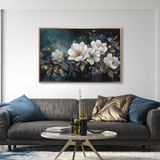 Yağlı Boya Dokulu Tablo Koyu Fonda Beyaz Çiçekler Altın Çerçeveli 70 x 140 cm U02033