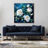 Yağlı Boya Dokulu Tablo Koyu Fonda Beyaz Güller Altın Çerçeveli 60 x 60 cm U02049