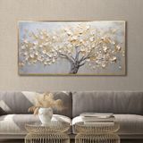 Yağlı Boya Dokulu Tablo Krem Soyut Ağaç Altın Çerçeveli 50 x 100 cm U01004