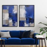 Yağlı Boya Dokulu Tablo Lacivert Siyah Gri Soyut İkili Set Siyah Çerçeveli 100 x 150 cm U08030