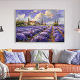 Yağlı Boya Dokulu Tablo Lavanta Tarlasında Evler Gümüş Çerçeveli 140 x 210 cm U06029