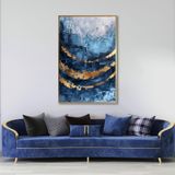 Yağlı Boya Dokulu Tablo Mavi Altın Gold Soyut Altın Çerçeveli 70 x 100 cm U08104