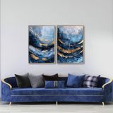 Yağlı Boya Dokulu Tablo Mavi Altın Gold Soyut İkili Set Altın Çerçeveli 70 x 100 cm U08102