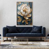Yağlı Boya Dokulu Tablo Mavi Fonda Beyaz Altın Çiçek Altın Çerçeveli 70 x 100 cm U02053