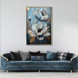 Yağlı Boya Dokulu Tablo Mavi Fonda Beyaz Altın Çiçekler Altın Çerçeveli 50 x 70 cm U02052
