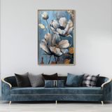 Yağlı Boya Dokulu Tablo Mavi Fonda Beyaz Altın Çiçekler Altın Çerçeveli 90 x 120 cm U02051
