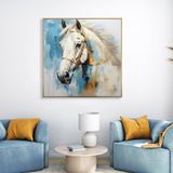 Yağlı Boya Dokulu Tablo Mavi Fonda Beyaz At Altın Çerçeveli 100 x 100 cm U04019
