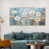 Yağlı Boya Dokulu Tablo Mavi Fonda Beyaz Modern Çiçekler Altın Çerçeveli 60 x 120 cm U02037