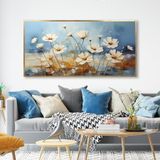 Yağlı Boya Dokulu Tablo Mavi Fonda Beyaz Yatay Çiçekler Altın Çerçeveli 60 x 120 cm U02045