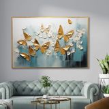 Yağlı Boya Dokulu Tablo Mavi Fonda Kelebekler Altın Çerçeveli 100 x 150 cm U04043