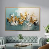 Yağlı Boya Dokulu Tablo Mavi Fonda Kelebekler Altın Çerçeveli 50 x 70 cm U04042