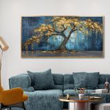 Yağlı Boya Dokulu Tablo Mavi Fonda Tek Sarı Ağaç Altın Çerçeveli 50 x 100 cm U01008