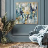 Yağlı Boya Dokulu Tablo Mavi Gri Altın Soyut Altın Çerçeveli 100 x 100 cm U08009