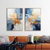 Yağlı Boya Dokulu Tablo Mavi Kahve Bej Soyut İkili Set Altın Çerçeveli 100 x 150 cm U08003