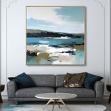 Yağlı Boya Dokulu Tablo Mavi Siyah Soyut Manzara Altın Çerçeveli 100 x 100 cm U08131
