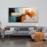 Yağlı Boya Dokulu Tablo Mavi Siyah Turuncu Soyut Altın Çerçeveli 50 x 100 cm U08119