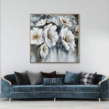 Yağlı Boya Dokulu Tablo Modern Beyaz Çiçekler Altın Çerçeveli 100 x 100 cm U02073