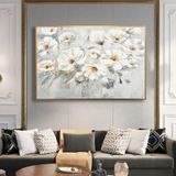 Yağlı Boya Dokulu Tablo Modern Beyaz Çiçekler Altın Çerçeveli 100 x 150 cm U02071