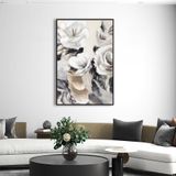 Yağlı Boya Dokulu Tablo Modern Beyaz Çiçekler Siyah Çerçeveli 70 x 100 cm U02008