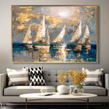 Yağlı Boya Dokulu Tablo Modern Denizde Yelkenliler Altın Çerçeveli 100 x 150 cm U06035