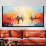 Yağlı Boya Dokulu Tablo Modern Gulet ve Yelkenliler Siyah Çerçeveli 50 x 100 cm U06049