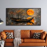 Yağlı Boya Dokulu Tablo Modern Güneş ve Gondollar Siyah Çerçeveli 50 x 100 cm U06020
