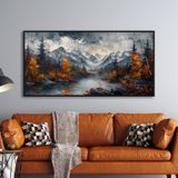 Yağlı Boya Dokulu Tablo Modern Karlı Doğan Manzarası Siyah Çerçeveli 70 x 140 cm U06021