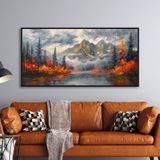 Yağlı Boya Dokulu Tablo Modern Karlı Doğan Manzarası Siyah Çerçeveli 80 x 160 cm U06022