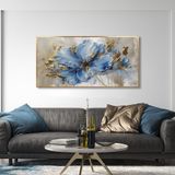 Yağlı Boya Dokulu Tablo Modern Mavi Tek Çiçek Altın Çerçeveli 90 x 180 cm U02030
