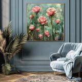 Yağlı Boya Dokulu Tablo Modern Pembe Güller Altın Çerçeveli 80 x 80 cm U02058