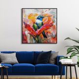 Yağlı Boya Dokulu Tablo Modern Renkli Sinek Kuşu Siyah Çerçeveli 60 x 60 cm U04028