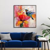 Yağlı Boya Dokulu Tablo Modern Renkli Sinek Kuşu Siyah Çerçeveli 60 x 60 cm U04030