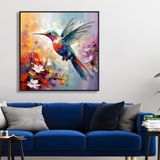 Yağlı Boya Dokulu Tablo Modern Renkli Sinek Kuşu Siyah Çerçeveli 80 x 80 cm U04013