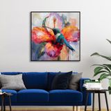 Yağlı Boya Dokulu Tablo Modern Renkli Sinek Kuşu Siyah Çerçeveli 80 x 80 cm U04029