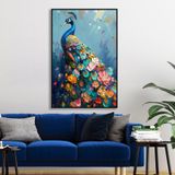 Yağlı Boya Dokulu Tablo Modern Renkli Tavus Kuşu Siyah Çerçeveli 100 x 150 cm U04033