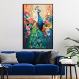 Yağlı Boya Dokulu Tablo Modern Renkli Tavus Kuşu Siyah Çerçeveli 50 x 70 cm U04031
