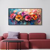 Yağlı Boya Dokulu Tablo Modern Renkli Yatay Çiçekler Siyah Çerçeveli 60 x 120 cm U02044