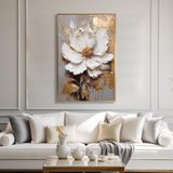 Yağlı Boya Dokulu Tablo Modern Tek Beyaz Çiçek Altın Çerçeveli 140 x 210 cm U02018