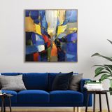 Yağlı Boya Dokulu Tablo Renkli Kare Soyut Altın Çerçeveli 100 x 100 cm U08097