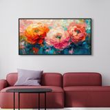 Yağlı Boya Dokulu Tablo Renkli Modern Yatay Çiçekler Siyah Çerçeveli 60 x 120 cm U02043