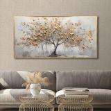 Yağlı Boya Dokulu Tablo Sarı Yapraklı Soyut Ağaç Altın Çerçeveli 90 x 180 cm U01003