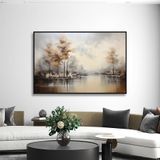 Yağlı Boya Dokulu Tablo Sisli Sonbahar Manzarası Siyah Çerçeveli 70 x 100 cm U06009