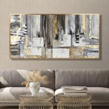 Yağlı Boya Dokulu Tablo Siyah Beyaz Altın Soyut Altın Çerçeveli 70 x 140 cm U08005