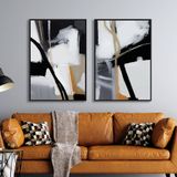 Yağlı Boya Dokulu Tablo Siyah Beyaz Altın Soyut Siyah Çerçeveli 100 x 150 cm U08151