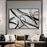 Yağlı Boya Dokulu Tablo Siyah Beyaz Altın Soyut Siyah Çerçeveli 140 x 210 cm U08148